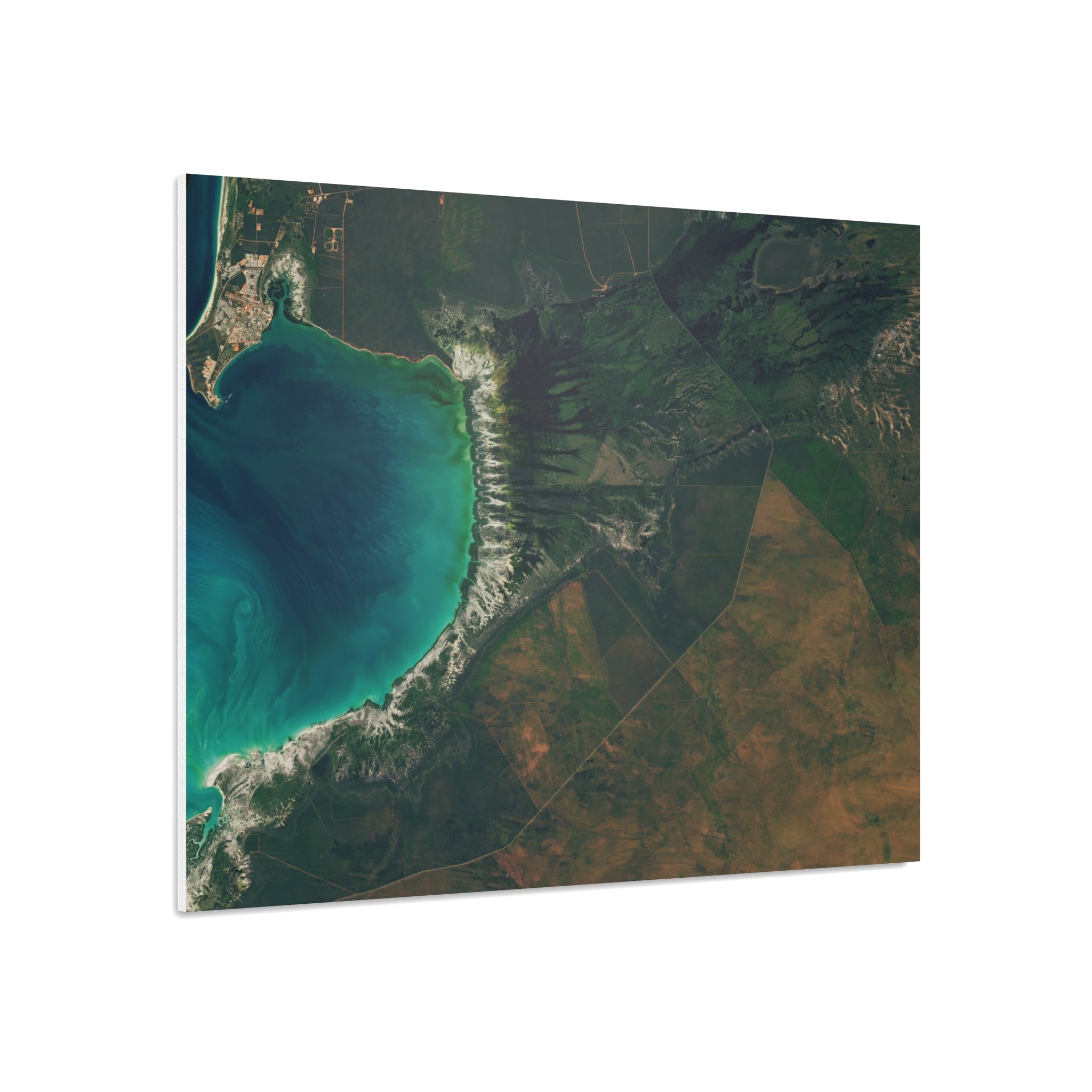 Coastal Aerial Foam Board Print — Blue Lagoon Satellite Landscape Wall Art