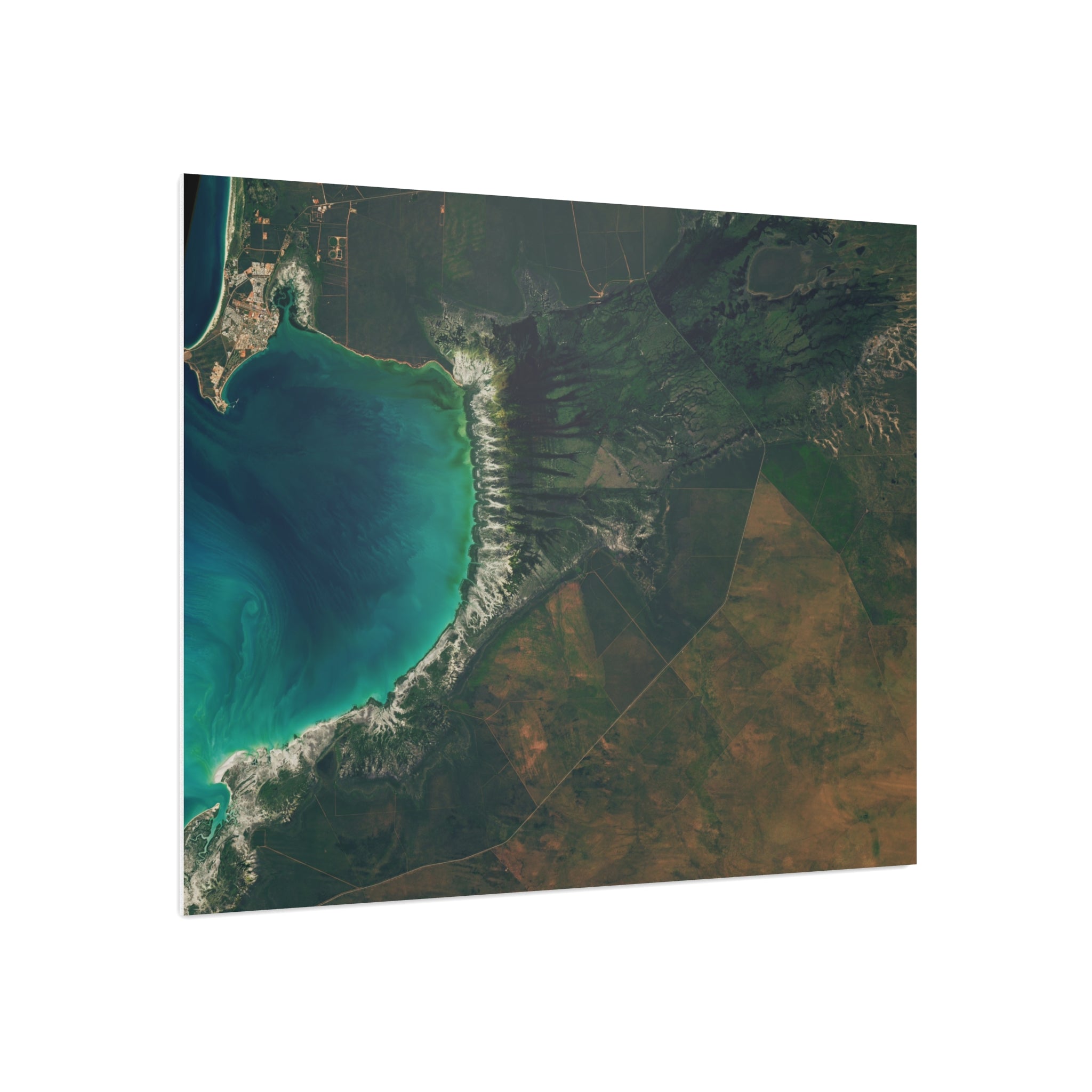 Coastal Aerial Foam Board Print — Blue Lagoon Satellite Landscape Wall Art