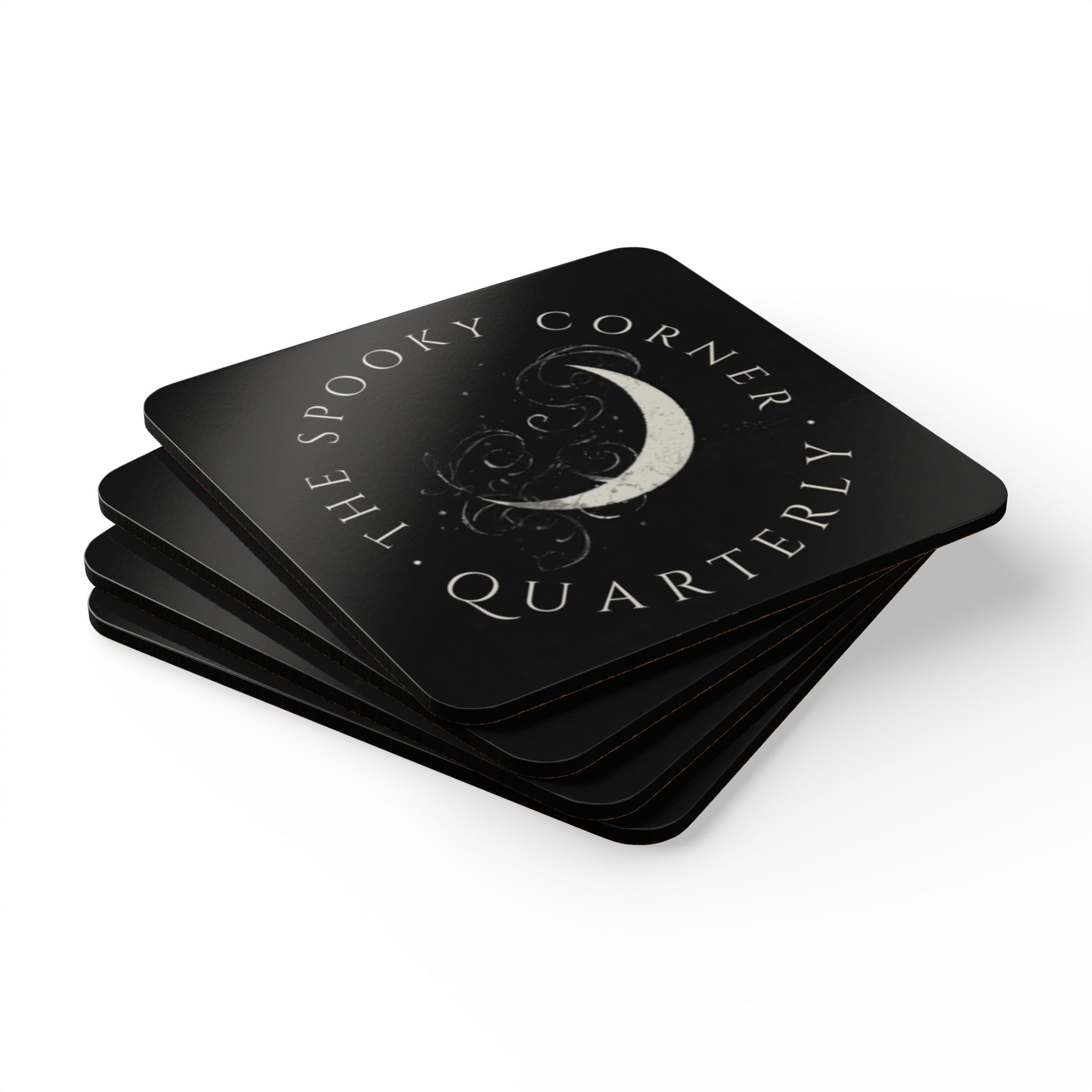 Cork Coaster Set — “The Spooky Corner Quarterly” Crescent Moon Gothic Drink Coasters