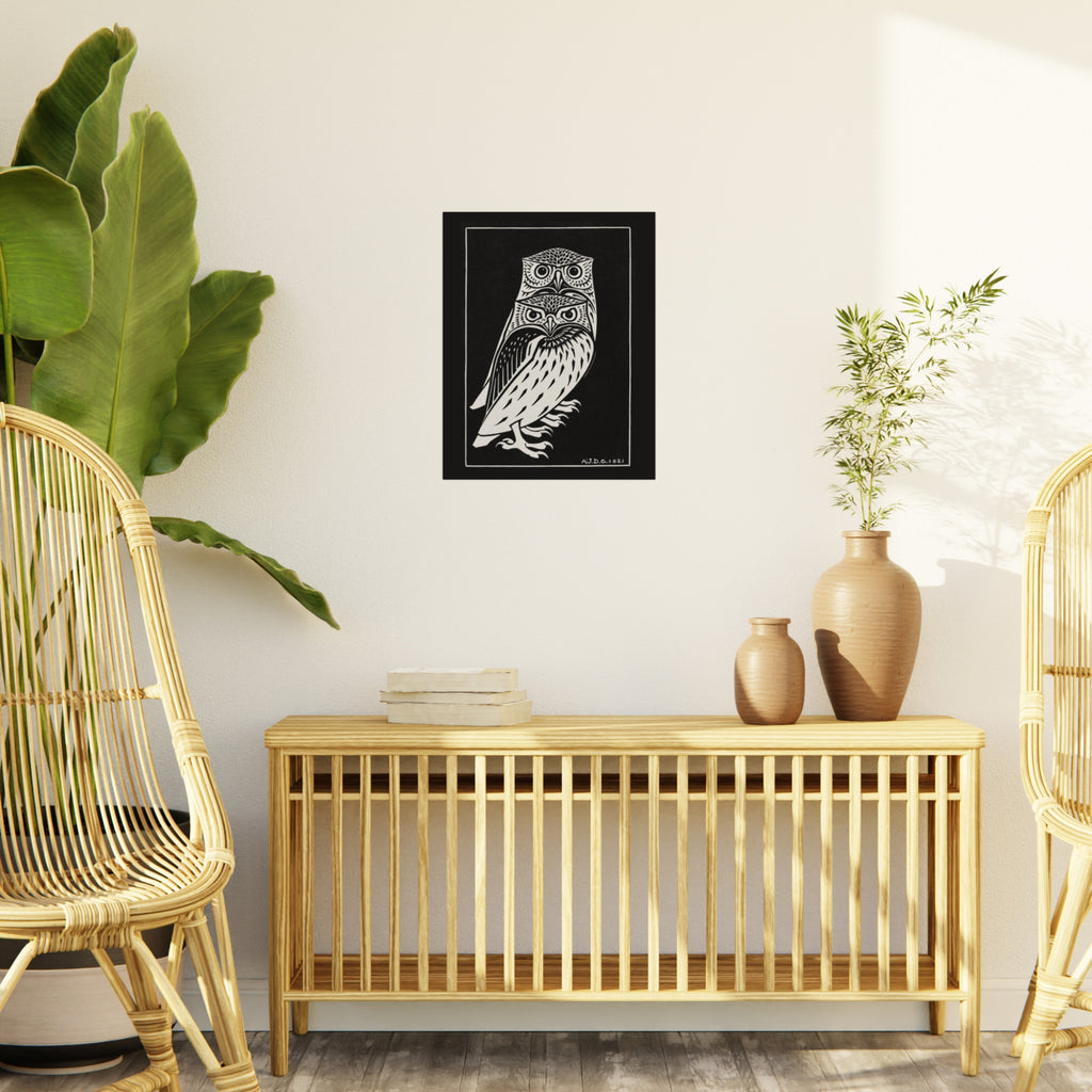 Owl Illustration Foam Board Print — Black & White Linocut Style Wall Art