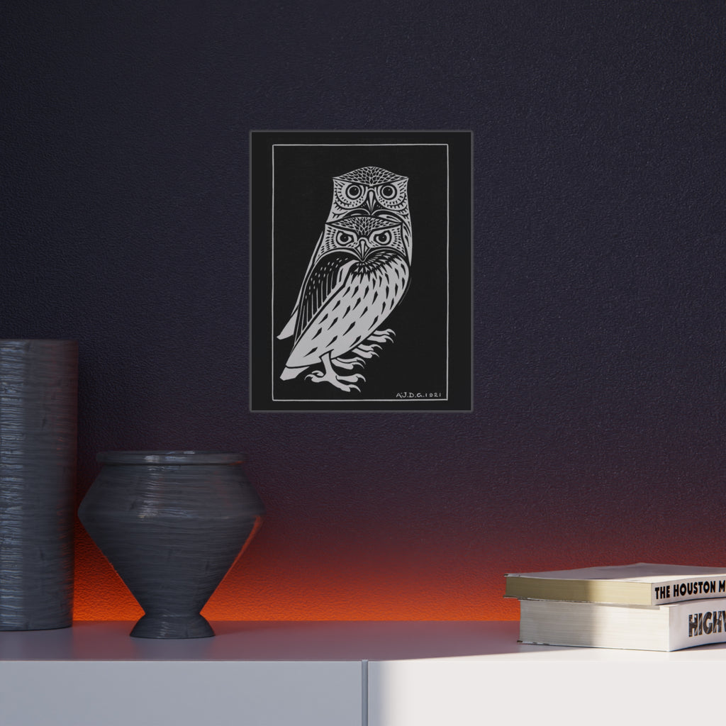 Owl Illustration Foam Board Print — Black & White Linocut Style Wall Art