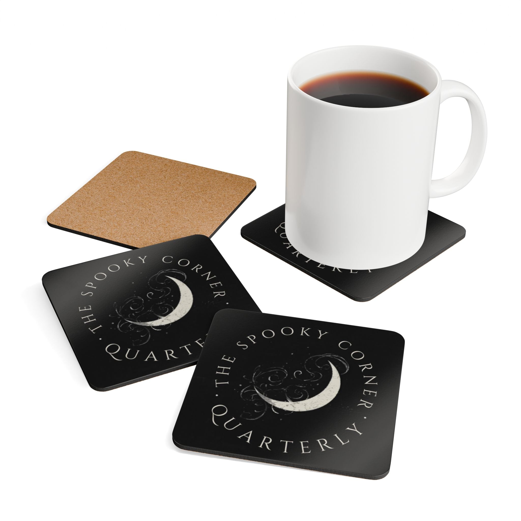 Cork Coaster Set — “The Spooky Corner Quarterly” Crescent Moon Gothic Drink Coasters