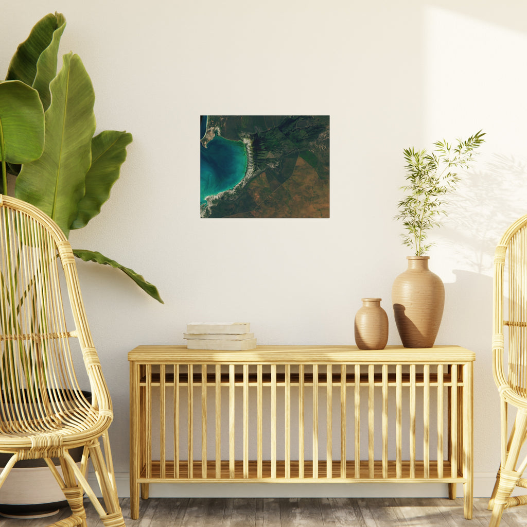 Coastal Aerial Foam Board Print — Blue Lagoon Satellite Landscape Wall Art