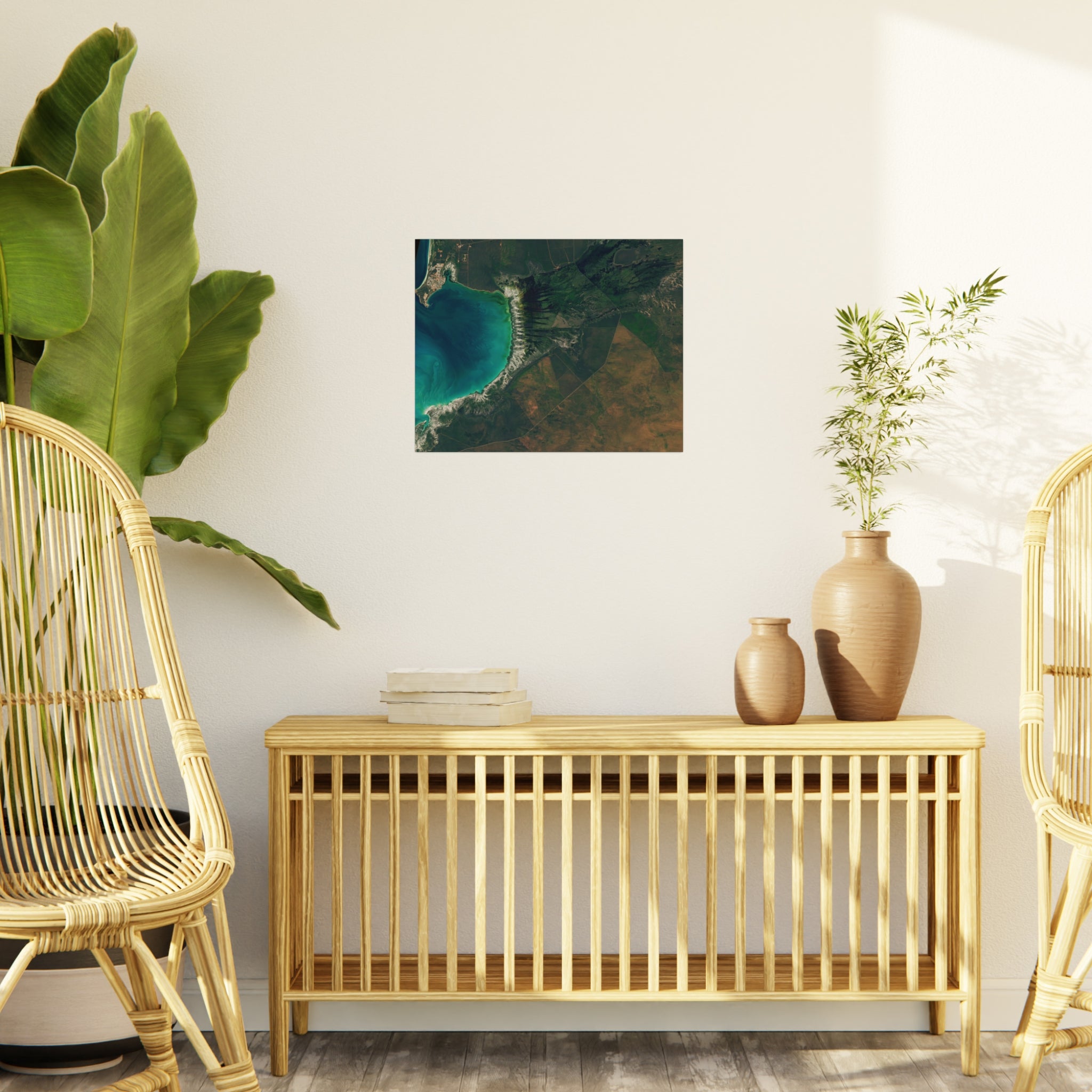 Coastal Aerial Foam Board Print — Blue Lagoon Satellite Landscape Wall Art