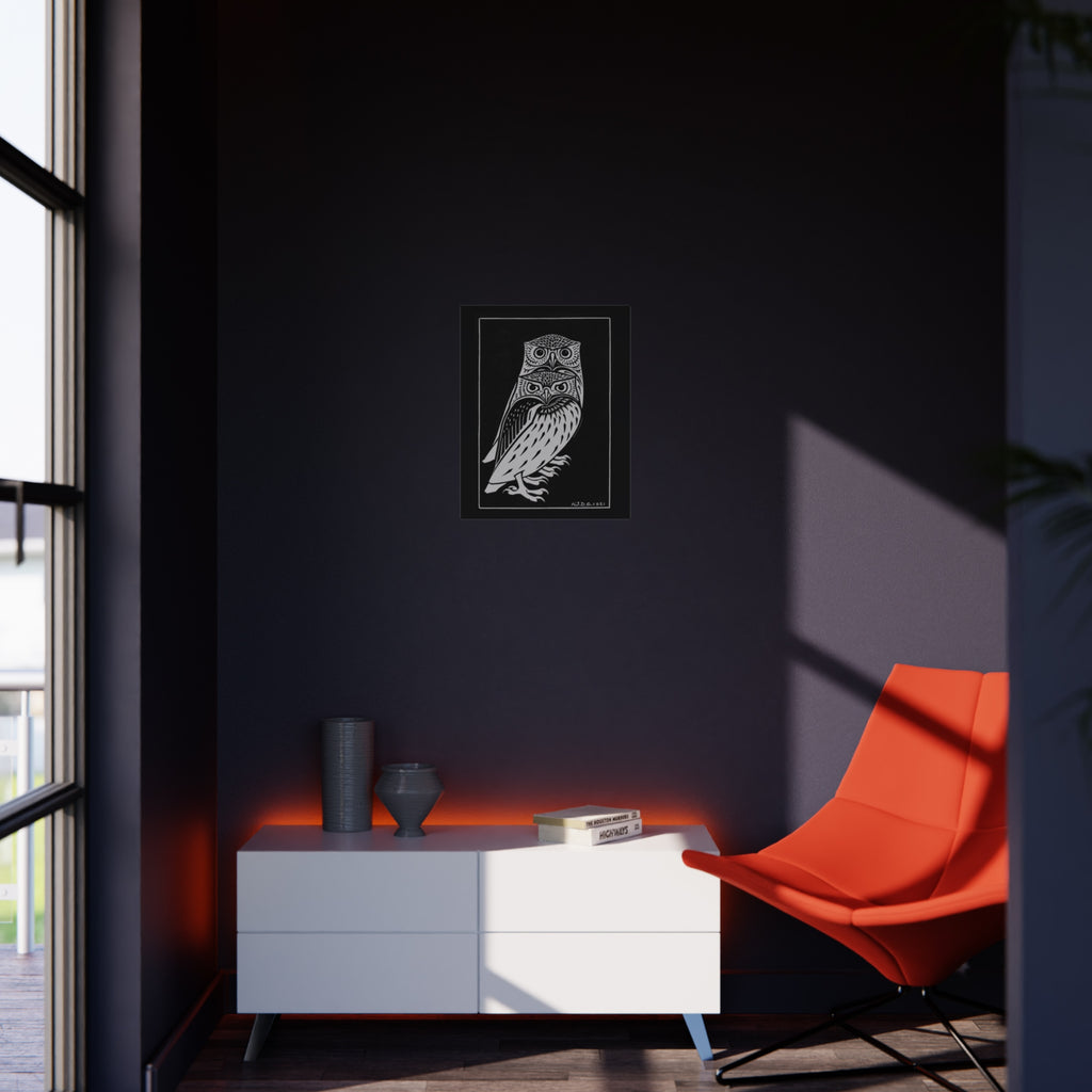 Owl Illustration Foam Board Print — Black & White Linocut Style Wall Art