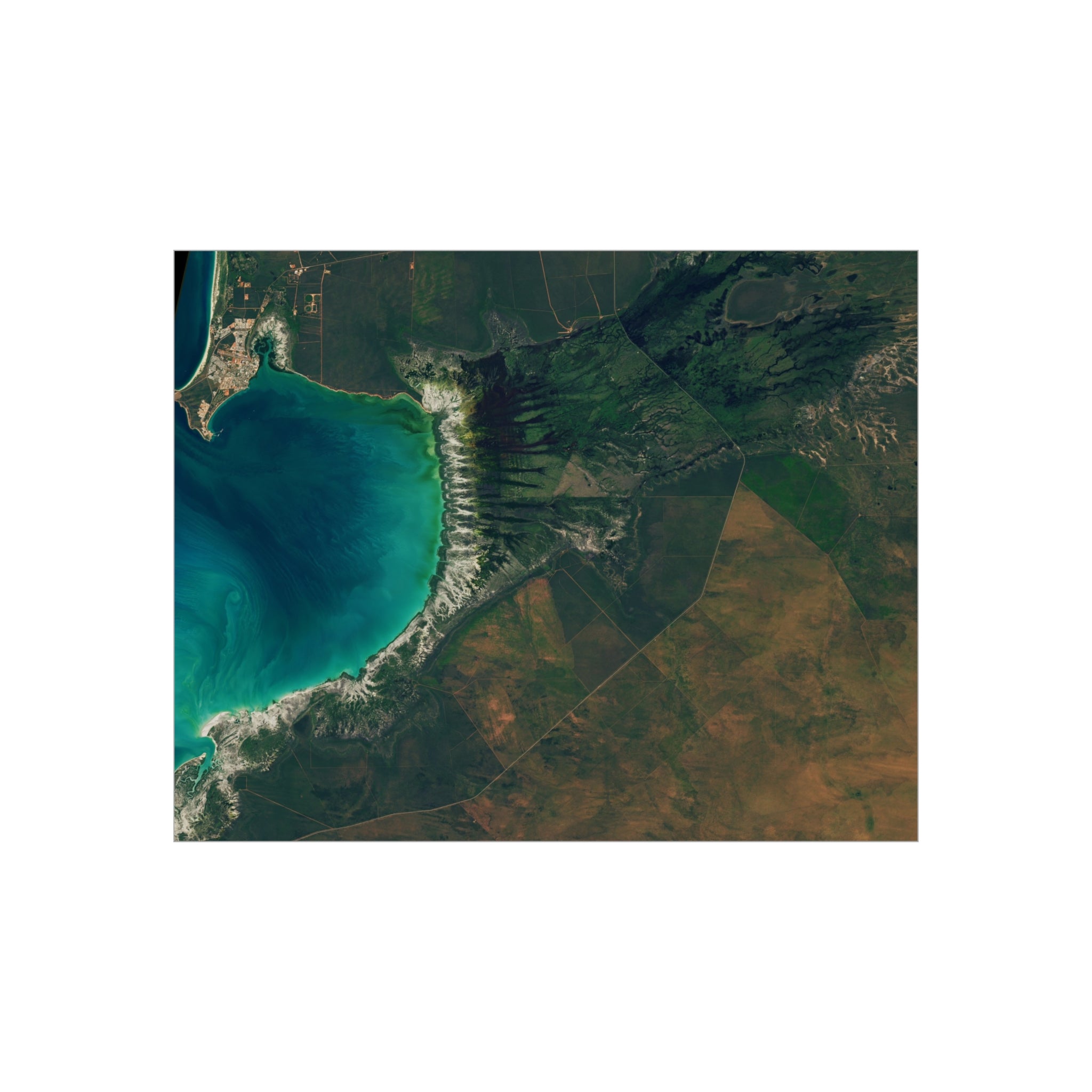 Coastal Aerial Foam Board Print — Blue Lagoon Satellite Landscape Wall Art
